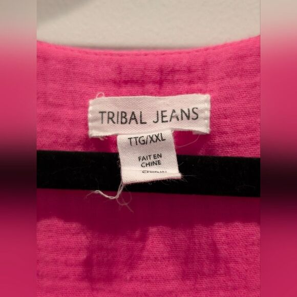 Tribal Jeans Hot Pink Cotton Gauze Dress XXL Plus Size Puff Sleeve Barbiecore - Picture 3 of 8